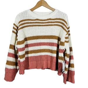 NEW! Rip Curl Crop Cozy Sweater Stripe Long Sleeve Casual Knit Pink Cream - XS